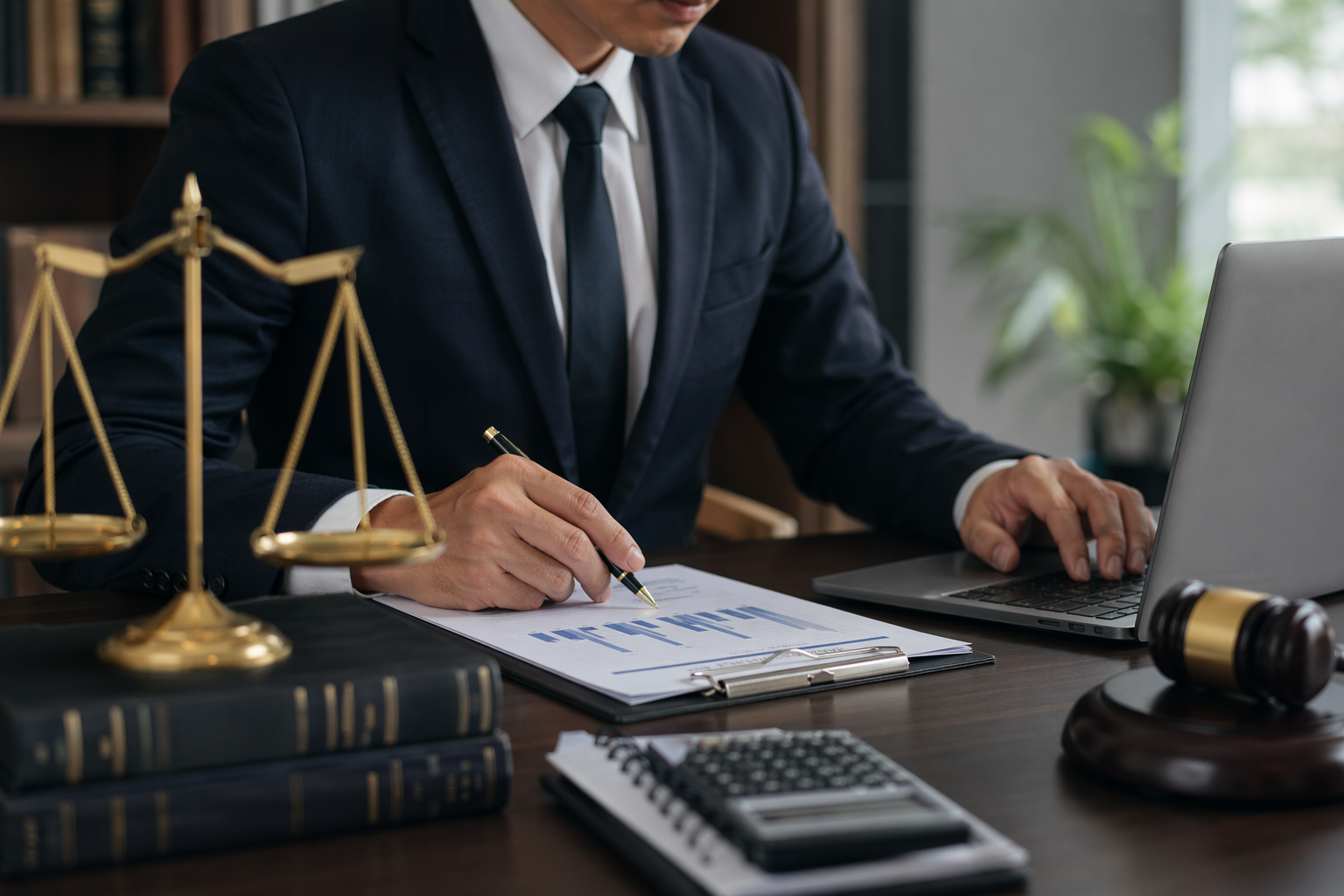 Abogado tributarista analizando documentos financieros y legales en oficina, con laptop, calculadora y balanza de justicia, representando la defensa de deudas ante SUNAT en Perú.